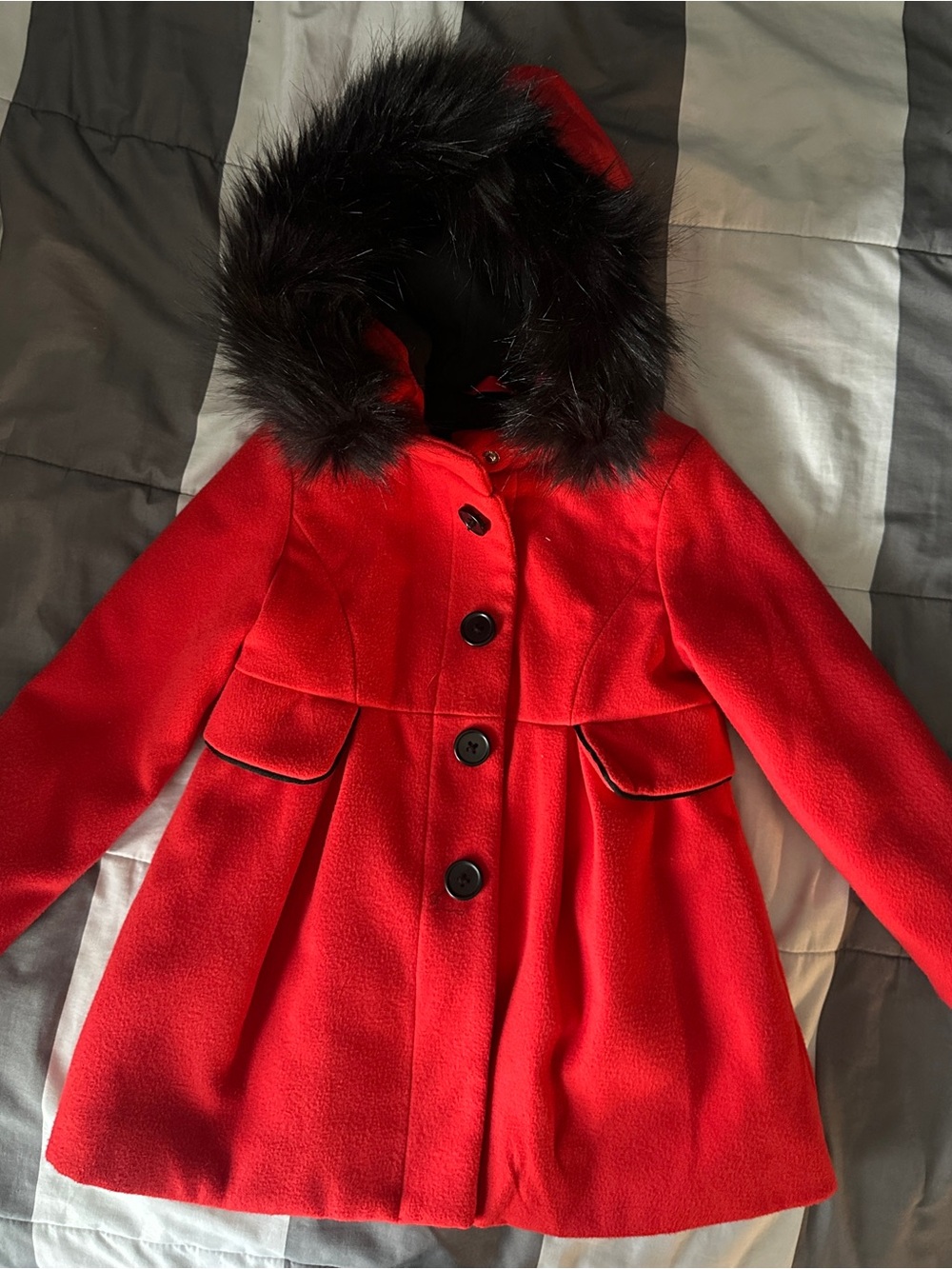 Girls' Red Hooded Coat with Faux Fur Trim